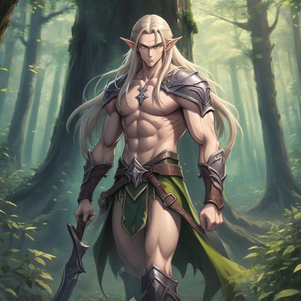  anime artwork anime style; tall elf; male; full height; long hair; visible muscles; in the hands of axe; in the forest . anime style, key visual, vibrant, studio anime, highly detailed