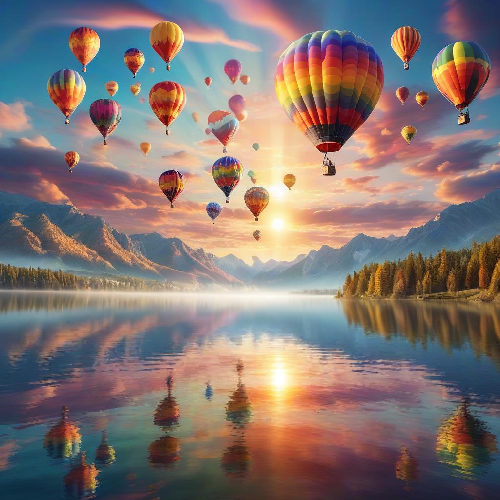  a sky littered with hot air ballons of different colors flying above a crystal clear lake. the background is a canvas of the ever changing sky, with the sun setting in a burst of colors, lending a surreal and enchanting atmosphere. mystical clouds drift across the sky and a rainbow reflects off the water below.