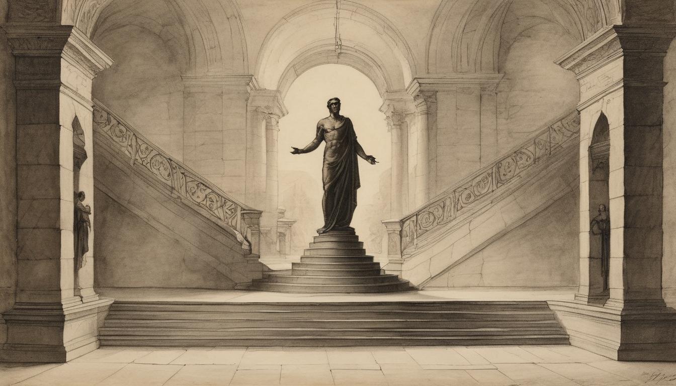  on parchment, surrealism++, a majestic figure standing atop a grand staircase, shadows below acknowledging the greatness, grandeur, reverence, defeated opposition(mysterious, provocative, symbolic)++