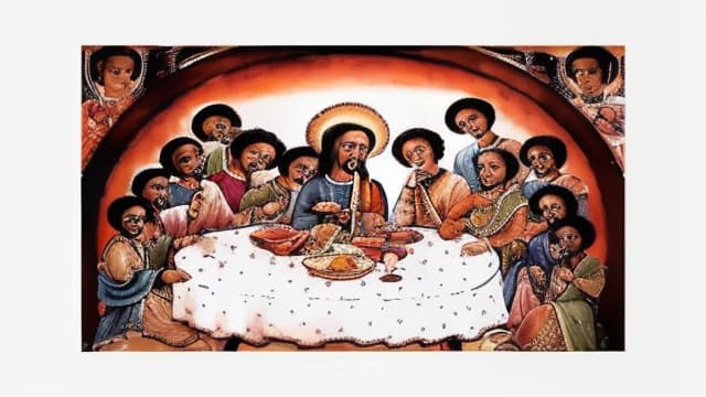  A painting of african men eating together, the last supper, , hyperrealistic, high quality, highly detailed, perfect lighting, intricate, sharp focus, f/1. 8, 85mm, (centered image composition), (professionally color graded), ((bright soft diffused light)), trending on instagram, HDR 4K, 8K