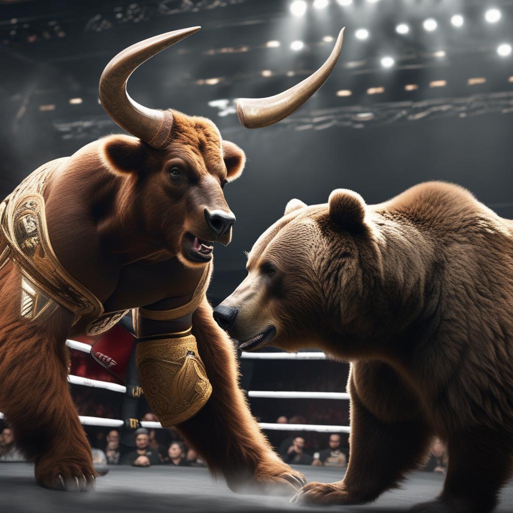  create a ufc fight card opposing a bull with horns and a bear with his claws hyperrealistic, full body, detailed clothing, highly detailed, cinematic lighting, stunningly beautiful, intricate, sharp focus, f/1. 8, 85mm, (centered image composition), (professionally color graded), ((bright soft diffused light)), volumetric fog, trending on instagram, trending on tumblr, HDR 4K, 8K