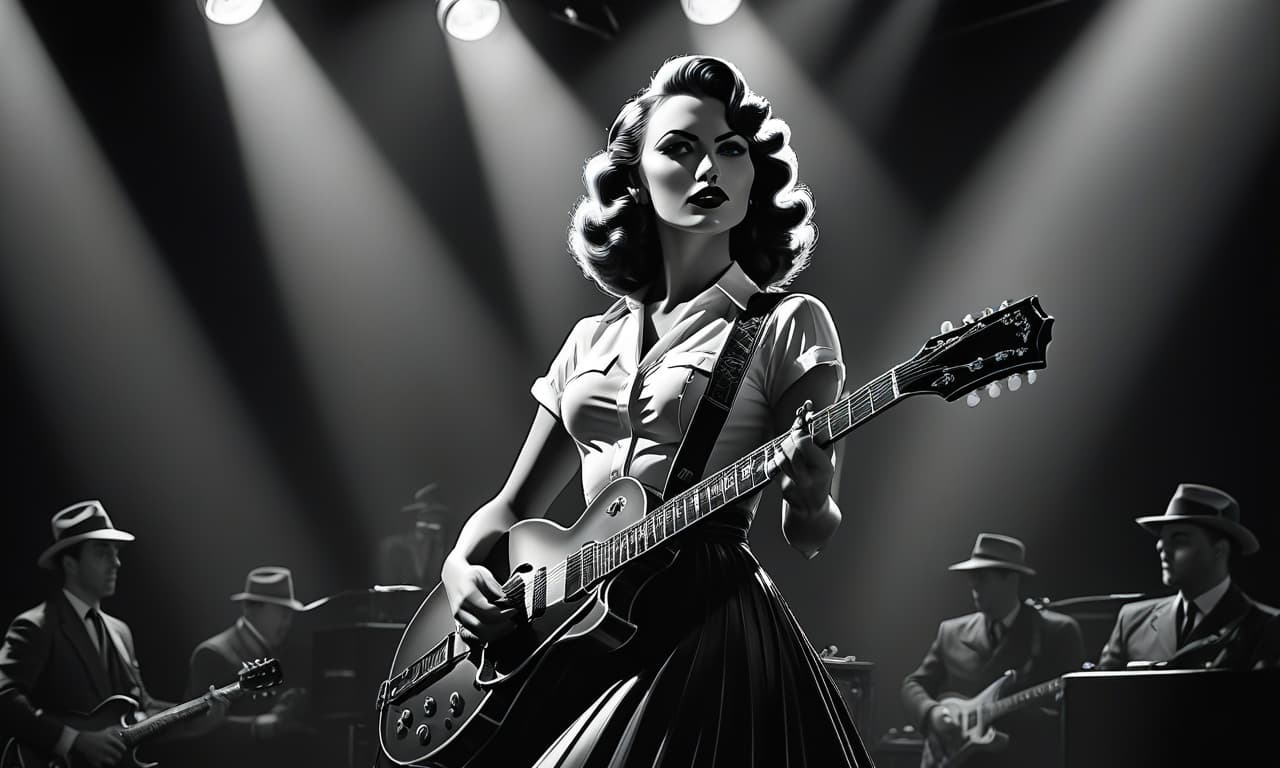  film noir style the beautiful eccentric girl of the rock musician with the guitar is on the stage with the projectors, the vector image . monochrome, high contrast, dramatic shadows, 1940s style, mysterious, cinematic, t shirt design hyperrealistic, full body, detailed clothing, highly detailed, cinematic lighting, stunningly beautiful, intricate, sharp focus, f/1. 8, 85mm, (centered image composition), (professionally color graded), ((bright soft diffused light)), volumetric fog, trending on instagram, trending on tumblr, HDR 4K, 8K