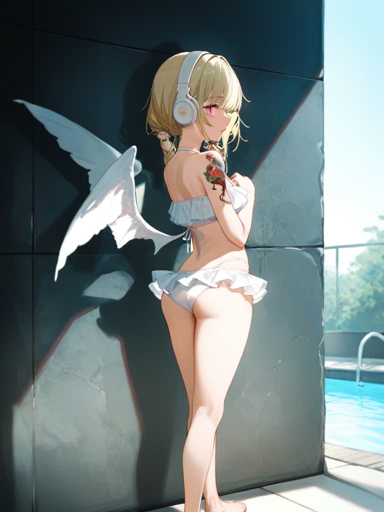  white swimwear, white headphones, blonde twin tails, pools, poses on the wall, pose to show your back, , foot, whole body, frill pareo, snake tattoo on , snake tattoos, tattoos on , wings on the . tattoo, masterpiece, best quality,8k,ultra detailed,high resolution,an extremely delicate and beautiful,hyper detail