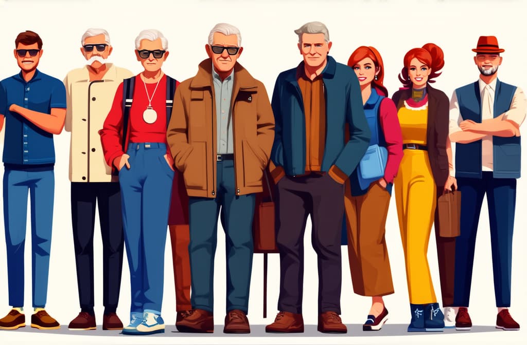  crowd of young and old men and women in trendy hipster clothes. diverse group of stylish people standing together. society or population, social diversity. flat cartoon vector illustration. ar 3:2 {prompt}, maximum details