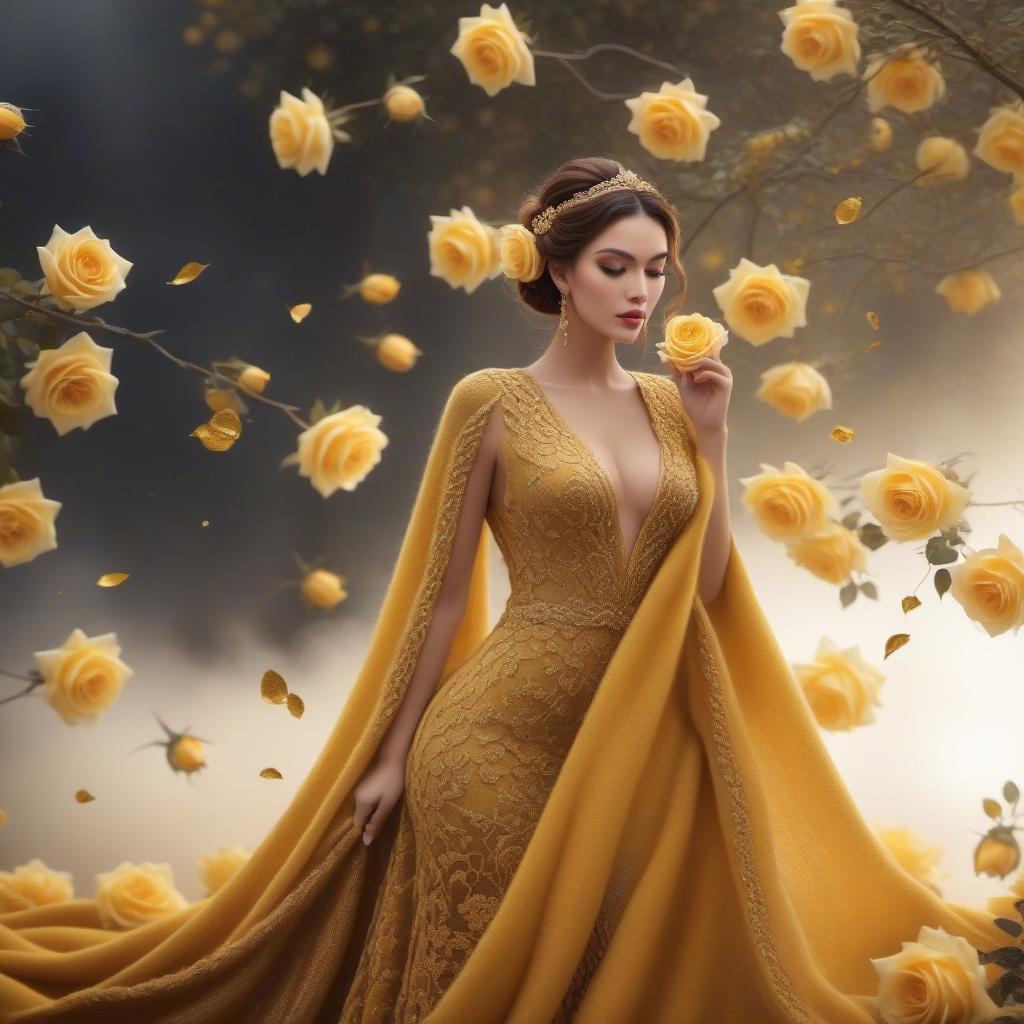  Knitted from wool, yellow roses, gold brocade background, realistic color photo hyperrealistic, full body, detailed clothing, highly detailed, cinematic lighting, stunningly beautiful, intricate, sharp focus, f/1. 8, 85mm, (centered image composition), (professionally color graded), ((bright soft diffused light)), volumetric fog, trending on instagram, trending on tumblr, HDR 4K, 8K