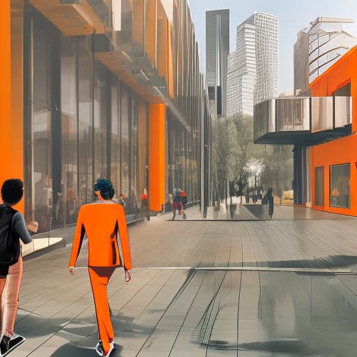 dvarchmodern city of the future people in headphones in orange clothes