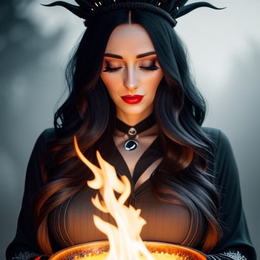  beautiful pagan witch with long black hair casting a spell standing with her hands held aloft above a bubbling cauldron, her face illuminated by the glow of the fire. good skin, clear eyes, smart hair, soft focus, depth of field, 8k photo, hdr, professional lighting, taken with canon eos r5, 75mm lens, low angle shot hyperrealistic, full body, detailed clothing, highly detailed, cinematic lighting, stunningly beautiful, intricate, sharp focus, f/1. 8, 85mm, (centered image composition), (professionally color graded), ((bright soft diffused light)), volumetric fog, trending on instagram, trending on tumblr, HDR 4K, 8K