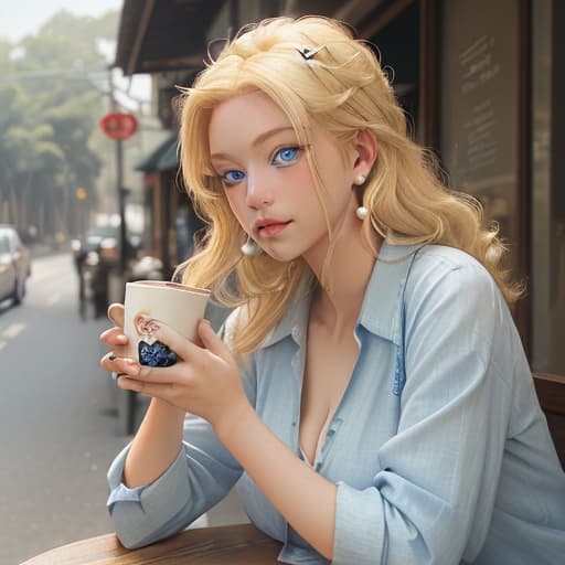  a beautiful woman with blonde hair and blue eyes, lazy eyes drinking coffee on the roadside, with a focus on the pearl earrings worn on her ears.