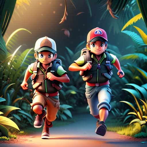  Poster of a CHILDREN'S CARTOON done in 3D graphics, two boys are running, their faces should be directed towards the viewer, one is very skinny and tall, the second is very short and fat. Both have many scratches and bruises. In the background is the JUNGLE, they are running across a rainbow, and everywhere there is a lot of beer and vodka bottles., (3d render:1.25), realistic, dark, epic, (detailed:1.22), textured hyperrealistic, full body, detailed clothing, highly detailed, cinematic lighting, stunningly beautiful, intricate, sharp focus, f/1. 8, 85mm, (centered image composition), (professionally color graded), ((bright soft diffused light)), volumetric fog, trending on instagram, trending on tumblr, HDR 4K, 8K