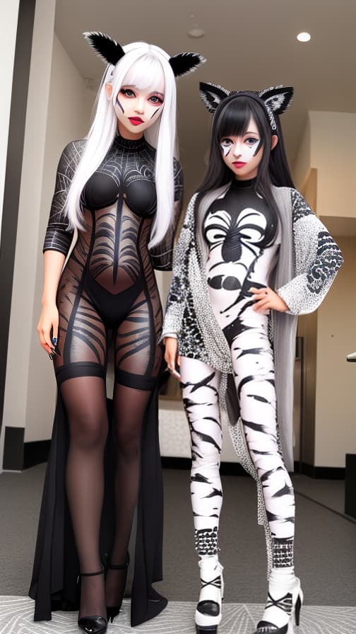  Black Spider-patterned body paint in every corner of the whole body, full-body, silver body paint, White face paint on the face,Two Dark elfs 女の子