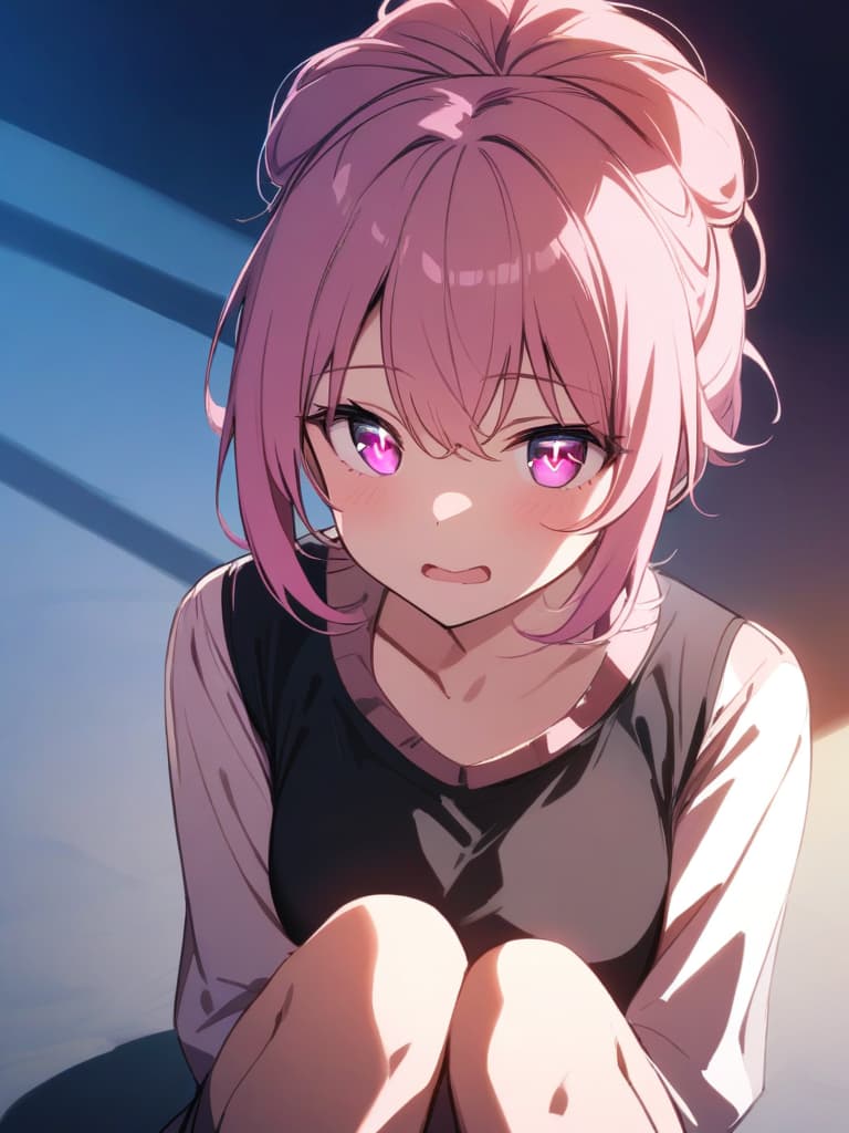  ((beautiful,pretty girl,bun hair,cute,sparkly eyes,pink eyes,omega shaped mouth,bob hair,pink hair,resting chin on hand))、ultra detailed,best shadow,cute and beautiful face,(masterpiece:1.2),(best quality:1.2),detailed background,high contrast,(best illumination,an extremely delicate and beautiful),((cinematic light)),hyper detail,dramatic light,intricate details,8k,anime,very aesthetic