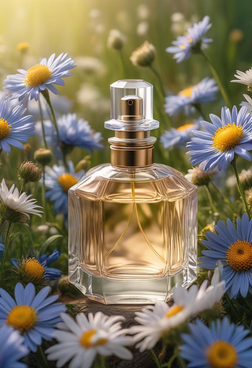  retail packaging style front view of a transparent perfume bottle without a logotype 1.2) without text1.2) without a name1.2)) with a luxurious design, surrounded by fresh flowers of wild daisies and cornflowers on a neutral background, layouts for advertising. space for text, photos, excellent detail, realistic 8k photos, clear focus, high resolution, ultra high resolution, close up shots, professional photo . vibrant, enticing, commercial, product focused, eye catching, professional, highly detailed hyperrealistic, full body, detailed clothing, highly detailed, cinematic lighting, stunningly beautiful, intricate, sharp focus, f/1. 8, 85mm, (centered image composition), (professionally color graded), ((bright soft diffused light)), volumetric fog, trending on instagram, trending on tumblr, HDR 4K, 8K