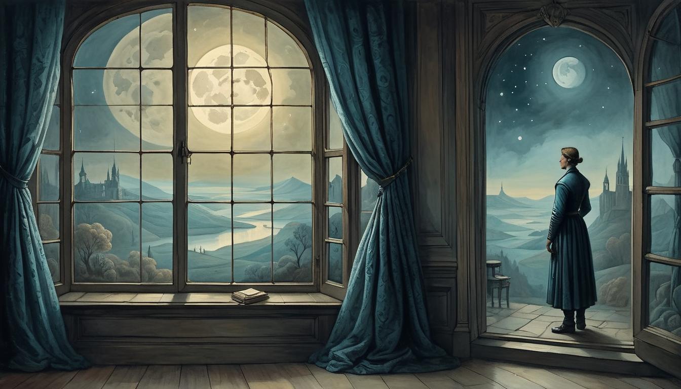  on parchment, surrealism+++, a figure looking out a window with a distant, contemplative expression, moonlit room, introspective, past reflections(mysterious, provocative, symbolic,muted color)+++