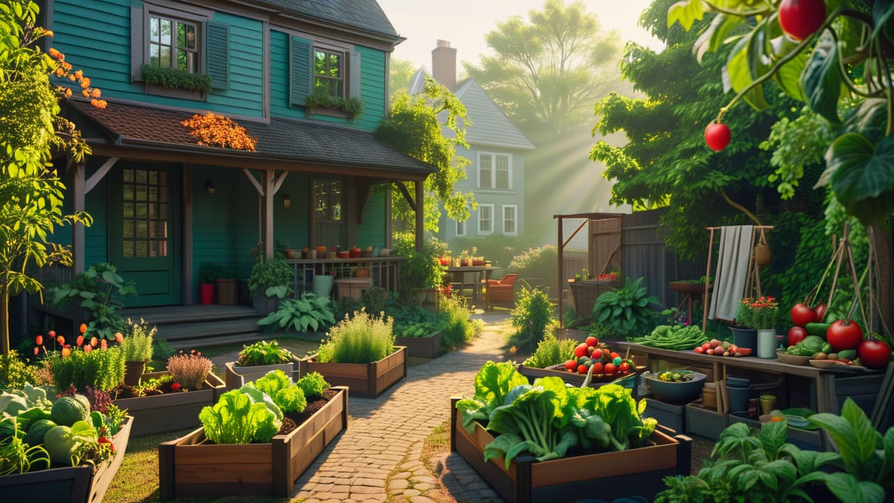  a vibrant urban homestead scene, showcasing a small garden with raised beds filled with vegetables, fruit trees in pots, chickens pecking in a cozy corner, and a family tending to their lush green oasis amidst city buildings. hyperrealistic, full body, detailed clothing, highly detailed, cinematic lighting, stunningly beautiful, intricate, sharp focus, f/1. 8, 85mm, (centered image composition), (professionally color graded), ((bright soft diffused light)), volumetric fog, trending on instagram, trending on tumblr, HDR 4K, 8K