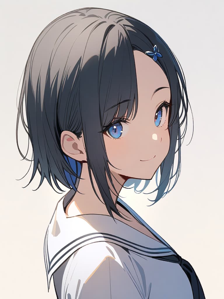  ultra detailed:1.2,masterpiece:1.2,best quality,masterpiece,bestquality,hdr:1.1,8k:1.1,very cute girl:1.3,(((off center part hair,three seven hair parting:1.9)))(short hair:1.1),(forehead:1.4),((from front:1.5)),,hair clips ,(upper body:1.2)(face focus:1.2),(white sailor sundress:1.2)(smile:1.3)(light yellow background color:1.6)(black hair:1.1,blue eyes:1.1)