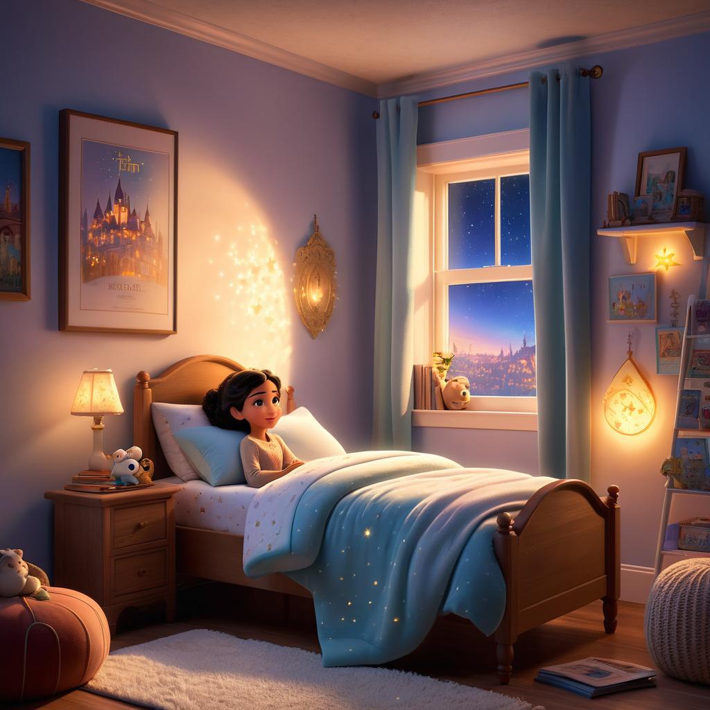  in 3d animated movie style. disney pixar style. fatima, old , nestled under cozy covers, dreaming of soaring through starlit skies. nightlight casting soft, shadows in her bedroom. pixar 3d animated film style. warm, soft colors with cozy, magical lighting. elevated angle emphasizing fatima , evoking warmth, comfort, and magic.