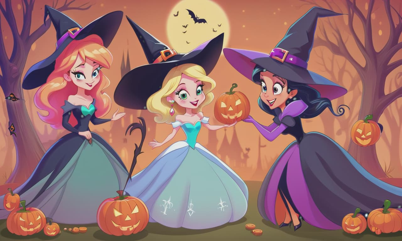  cartoon princesses playing with witches