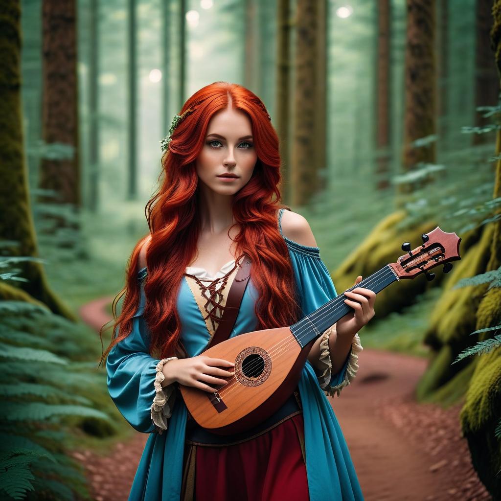  cinematic photo beautiful girl bard, with red long hair, in a beautiful and aesthetic hiking outfit fantasy world. plays the lute. the background is a fabulous forest near the road. photo quality 4k . 35mm photograph, film, bokeh, professional, 4k, highly detailed, hkmagic