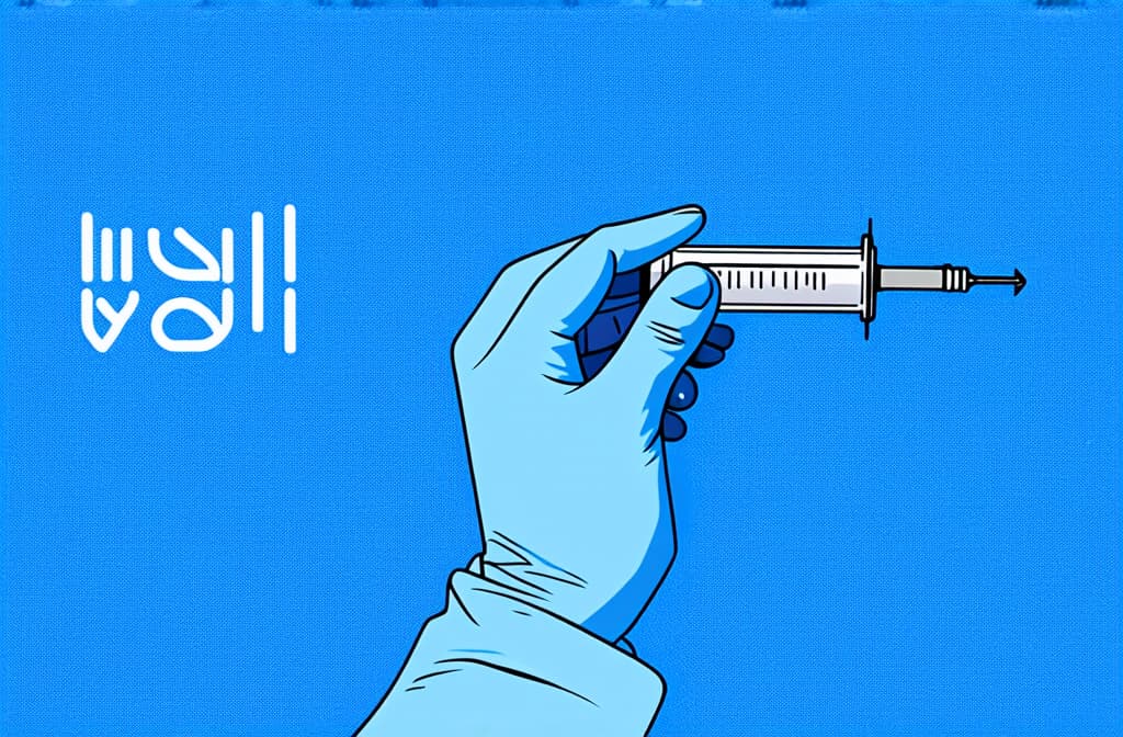  flat illustration, flaticon, (illustration:1.15), hand in medical glove holds syringe, objects are located in right corner, blue background, space for text, banner ar 3:2, [cory loftis, strobist, pascal campion :: 0.2]