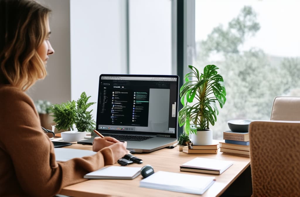  professional detailed photography, work from home woman working at her desk at home. modern home office concept. ar 3:2, (muted colors, dim colors, soothing tones), (vsco:0.3)