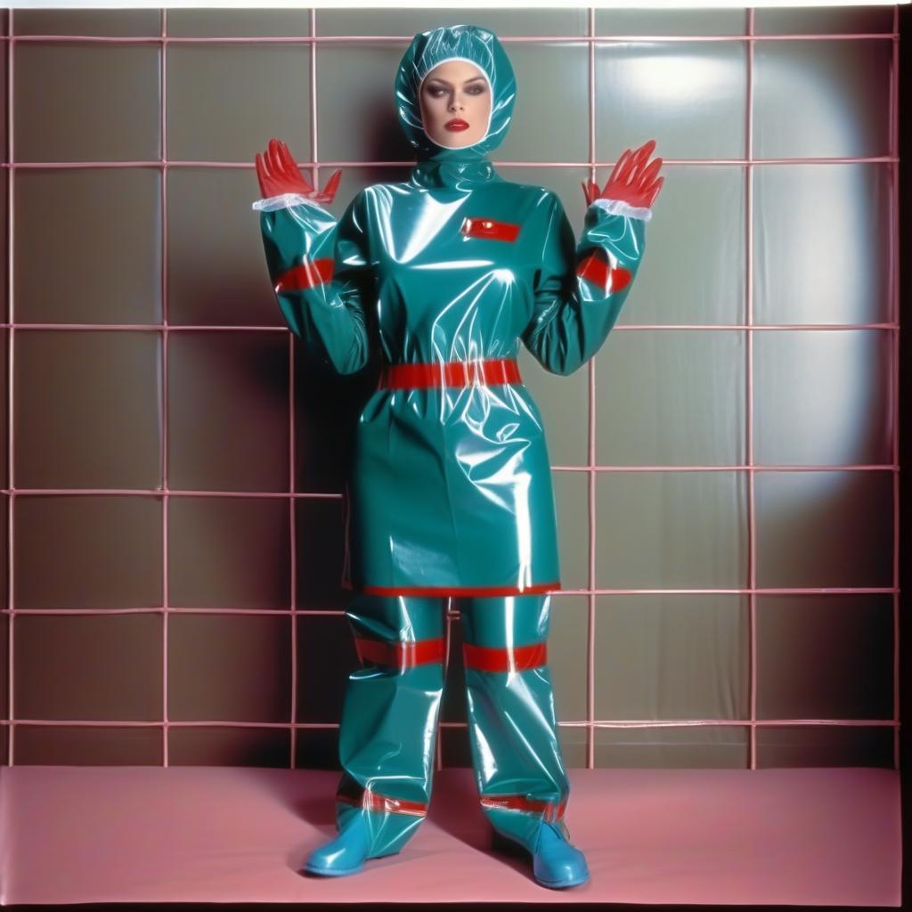  "hyperdetalisation, woman, mistress surgeon, in dressed three color surgical suit, made of glossy latex, standing alone, full length, front view, full face, dressed in, surgical gown, knee length, with elastic waistband, long sleeves, with elastic cuffs, upper part of surgical gown, (from collar to waist), glossy latex dark green, belt at waist, glossy latex red, lower part of surgical gown, (from hem to waist), glossy latex dark blue, in the center of the surgical gown there is an emblem in the form of surgical forceps "burdizzo", upper part of sleeve, (from shoulder to elbow), glossy latex dark blue, lower part of sleeve, (from elbow to cuff), glossy latex dark green, cuffs on sleeve, glossy latex red, (bib with collar), made of glossy d