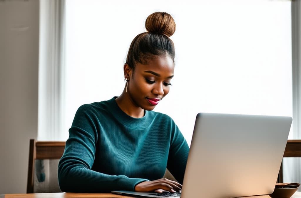  professional detailed photography, girl with a bun on her head works on a laptop in a bright room, good lighting ar 3:2, (muted colors, dim colors, soothing tones), (vsco:0.3)