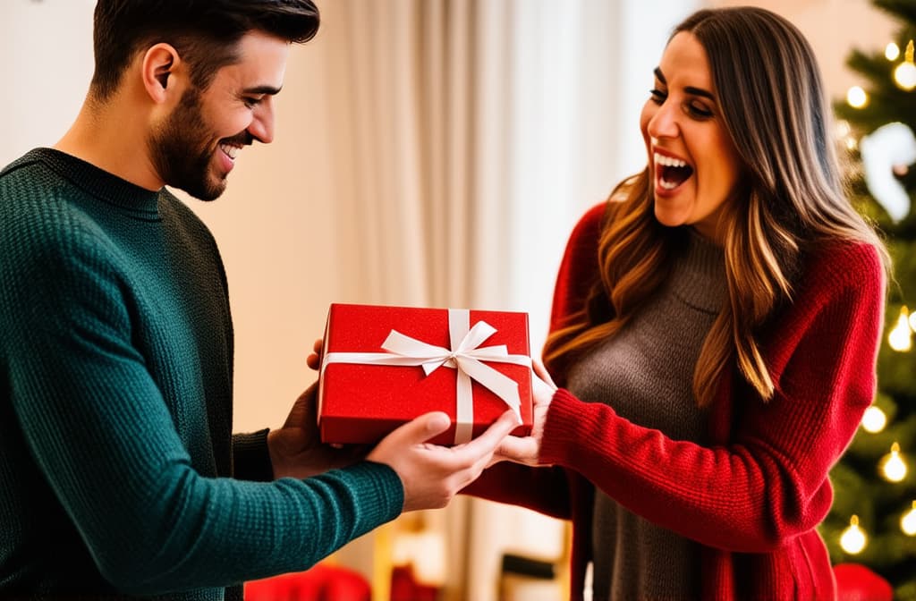  professional detailed photography, close up of a young man giving a gift box to his surprised happy woman. hands of young couple giving and receiving a christmas gift box to each other ar 3:2, (muted colors, dim colors, soothing tones), (vsco:0.3)