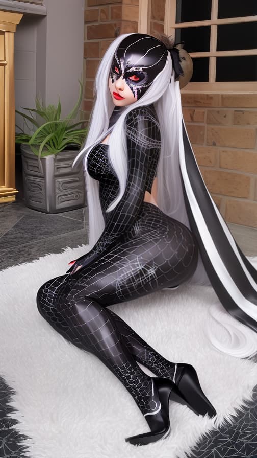  Black Spider-patterned body paint in every corner of the whole body, full-body, silver body paint, Silver face paint on the face,Dark elf 女の子