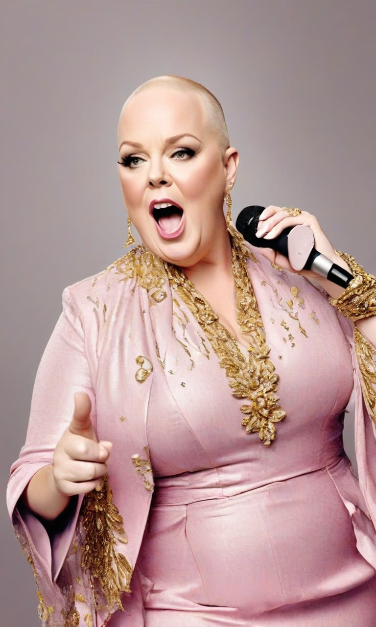  concept art pink, gold, black, white stage bald melissa mccarthy with a microphone . digital artwork, illustrative, painterly, matte painting, highly detailed, perfect hands