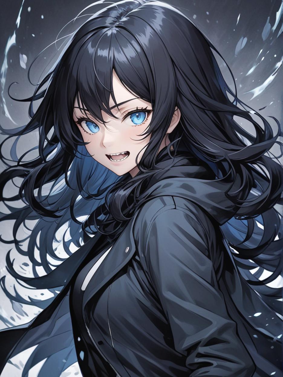  manga artwork manga art style, a woman with large sharp teeth. sharp teeth. light blue eyes. it has long black hair that flows freely, giving it a mysterious and imposing air. he wears a long black coat with wavy edges, which appear to be in constant motion, adding a sense of dynamism to his appearance. the coat is open at the front, revealing a fitted black outfit underneath, which highlights her slender and athletic figure. the background is a solid black, with an aura like circle framing the character's head, enhancing his silhouette and giving him an almost otherworldly look. hyper realistic atmospheres, detail, 8k. manga artist. manga, highly emotional. best quality, high resolution