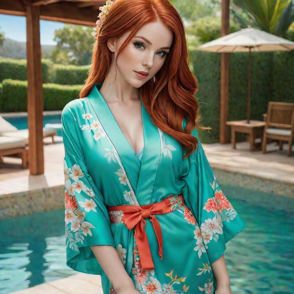  redhead, lori, pool, kimono, award winning, professional, highly detailed, masterpiece