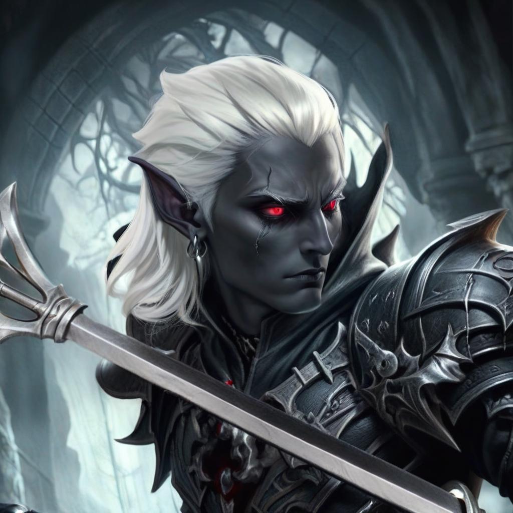  macabre style drow male elf cleric, graphite color skin, red eyes, silver medium haircut, white eyelashes, white brows, black leather jacket, dark cave temple . dark, gothic, grim, haunting, highly detailed, civitai