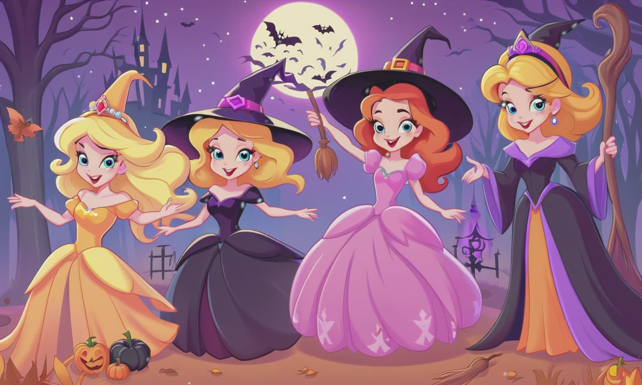  cartoon princesses playing with witches