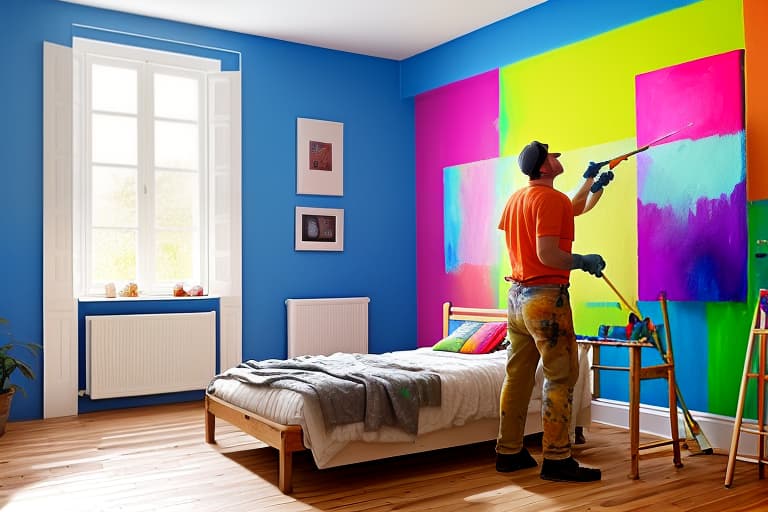  man, painter, in working form, paints the wall in the house, bright colors, bright room, beautiful interior