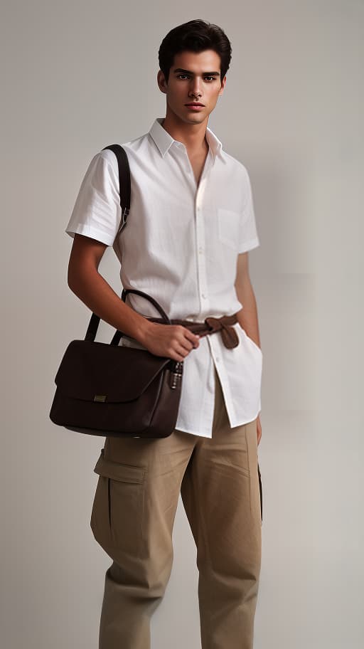  man, wearing a white shirt around his waist, dark brown background, model, putting into a bag