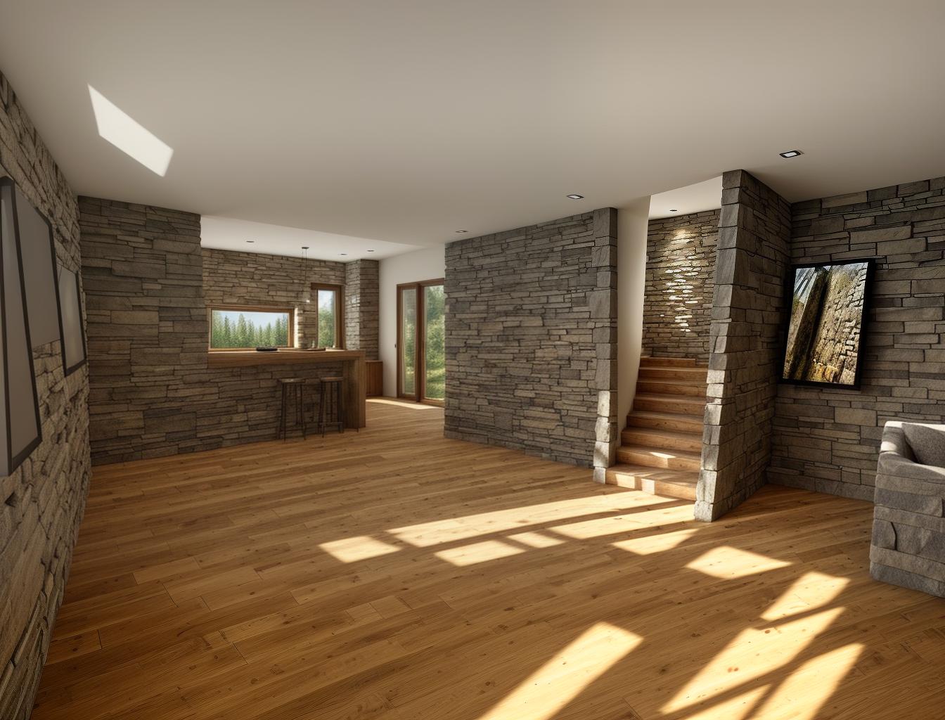  generate a photorealistic image of a living room with a stone accent wall and a wooden floor. the design should include a large window that allows natural light to highlight the texture of the stone wall, creating a balance between rustic and modern elements.