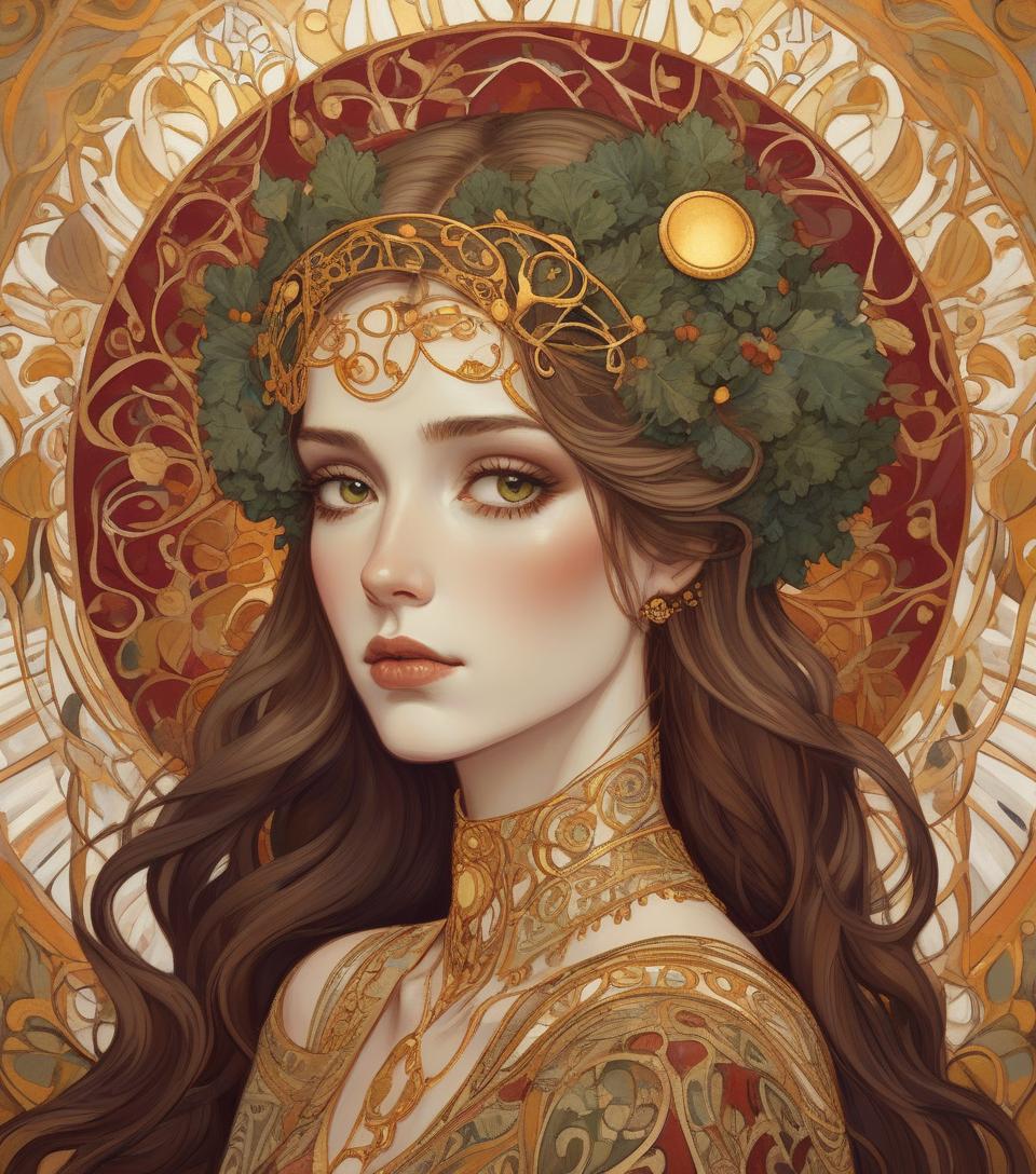  an illustration of a woman with a decorative halo, reminiscent of art nouveau style, featuring intricate patterns and gold accents. beautiful portrait. colors kale, gold, rust, burgundy, black. an illustration of a woman with hazel eyes, a decorative metallic gold halo, reminiscent of art nouveau style, featuring intricate patterns and gilded accents, created in the detailed painting technique reminiscent of the style of gustav klimt's work.