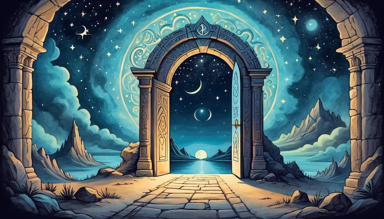  on parchment, surrealism+++, exclusive doorway opening, luminous path forward, night sky, sense of opportunity, esoteric symbols, glowing entrance(mysterious, provocative, symbolic,muted color)+++