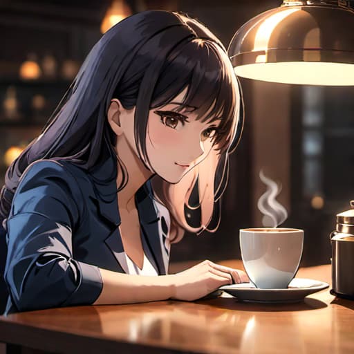  a woman in her 30s enjoying a cup of coffee at her dinner table. hyperrealistic, full body, detailed clothing, highly detailed, cinematic lighting, stunningly beautiful, intricate, sharp focus, f/1. 8, 85mm, (centered image composition), (professionally color graded), ((bright soft diffused light)), volumetric fog, trending on instagram, trending on tumblr, HDR 4K, 8K