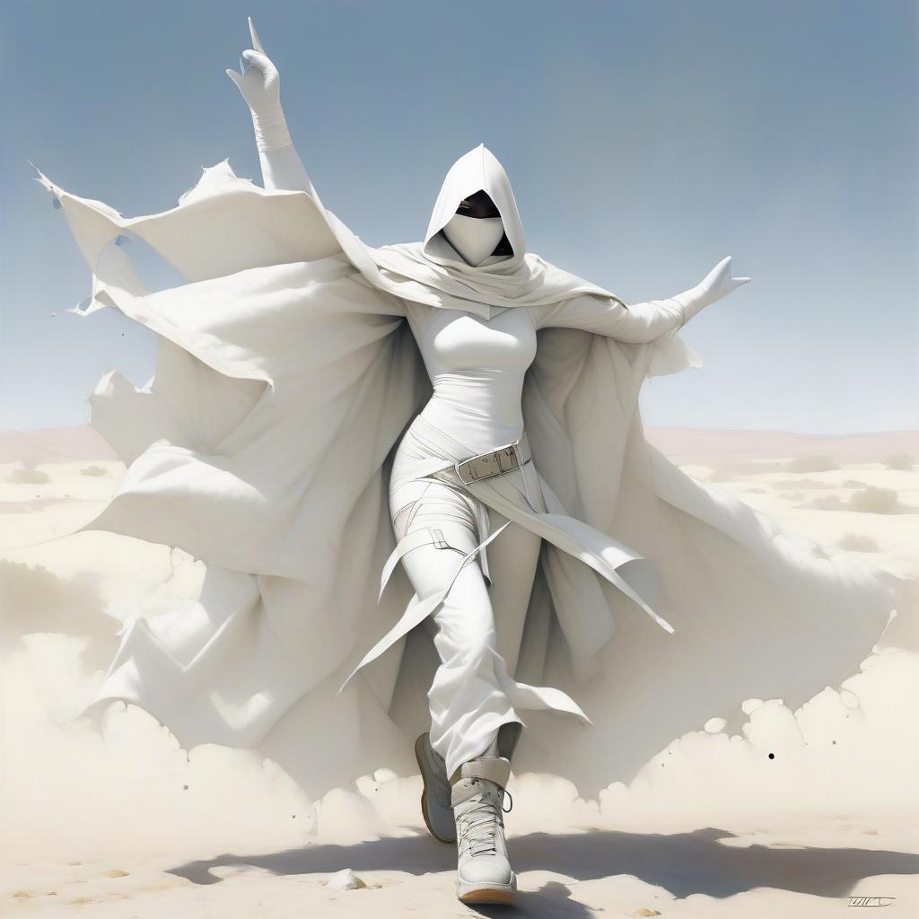  a very thin, slim girl with a black spot instead of a face, with a white scarf on the lower part of her face, in a white suit of white bandages, in white sleeves, in white gloves with natural fingers, in a white ragged cloak, with large round holes throughout the area of the cloak, in laced grey shoes. hands up. a pointed hood. big square buckles. three wide belts on the belt. gray laced shoes.