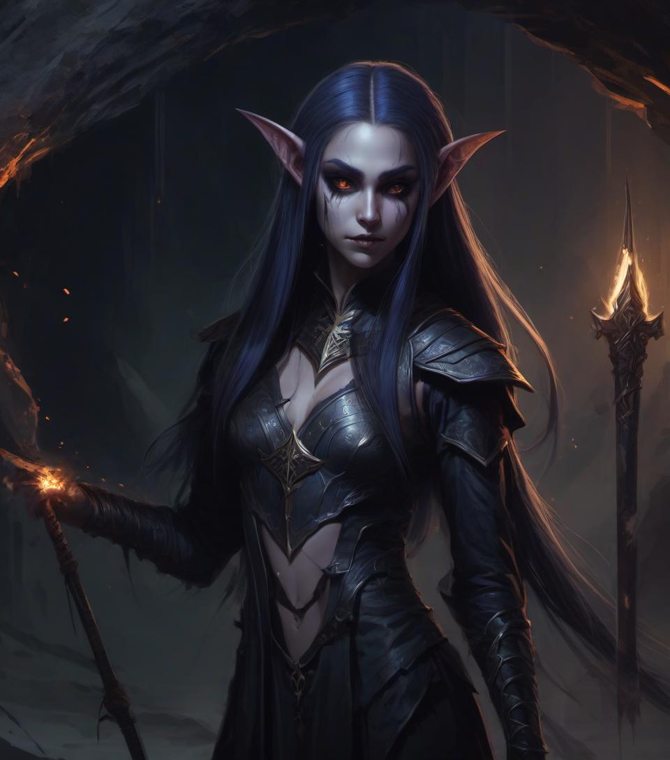  concept art dark elf girl with (small neat elf ears: 6.9) . digital artwork, illustrative, painterly, matte painting, highly detailed