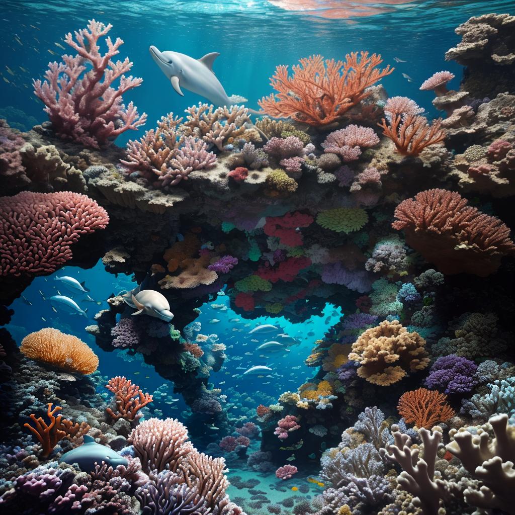  masterpiece, best quality, Most Beautiful in deep sea teeming with vibrant corals, diverse marine life, and enchanting underwater landscapes, full of corals, acrophore, small fishes, anemones, dolphin, various algaes, caves, colorful,all captured in stunning 8k resolution with intricate details.