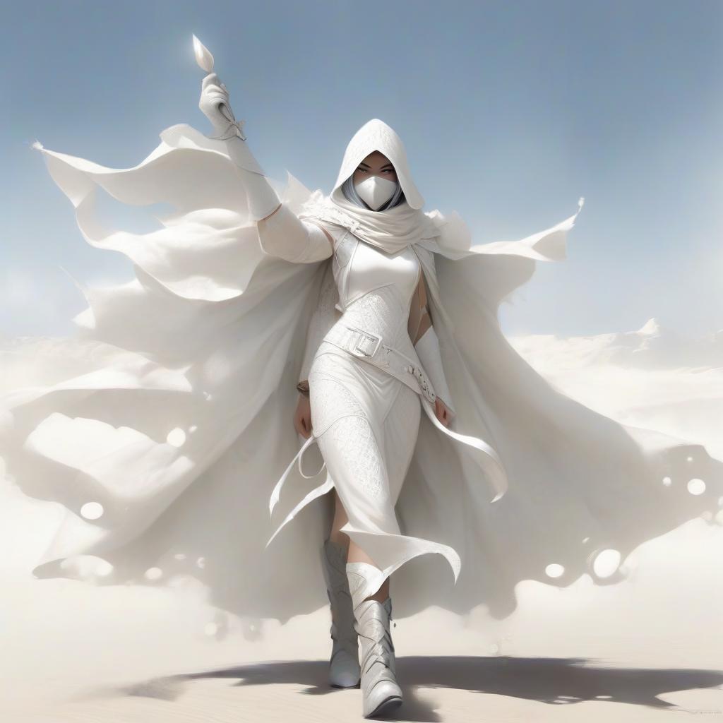  fantasy is a thin girl with a white handkerchief on her mouth and nose, in white, in white gloves with natural fingers, in a white openwork cloak, with large round holes all over her cloak, in laced shoes. a pointed hood. big steel buckles. two belts on the belt. gray shoes. black spot for face.