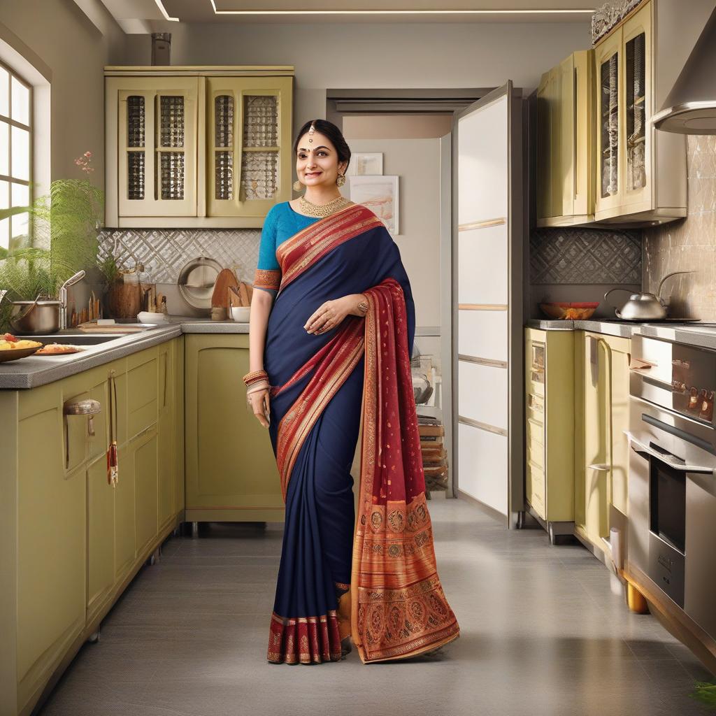  masterpiece, best quality, aunty in saree in kitchen