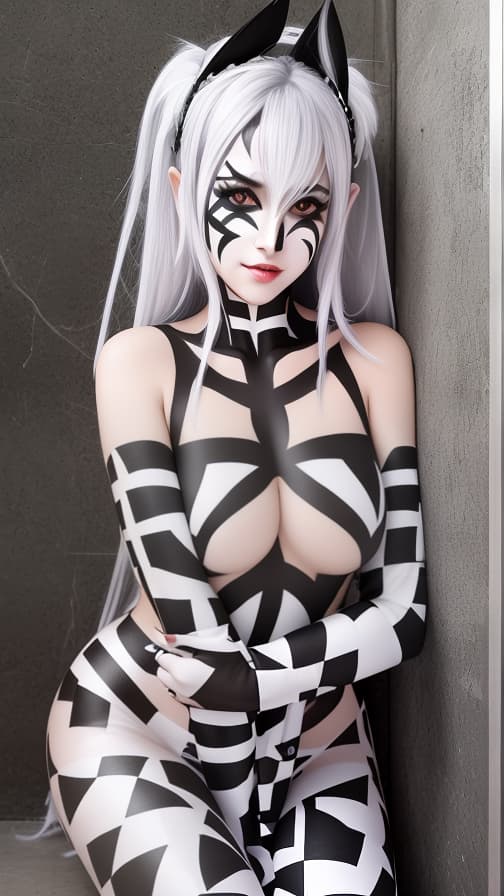  Chessboard check body paint in every corner of the body, Silver body paint all over the body,White face paint on the face, Dark elf 女の子