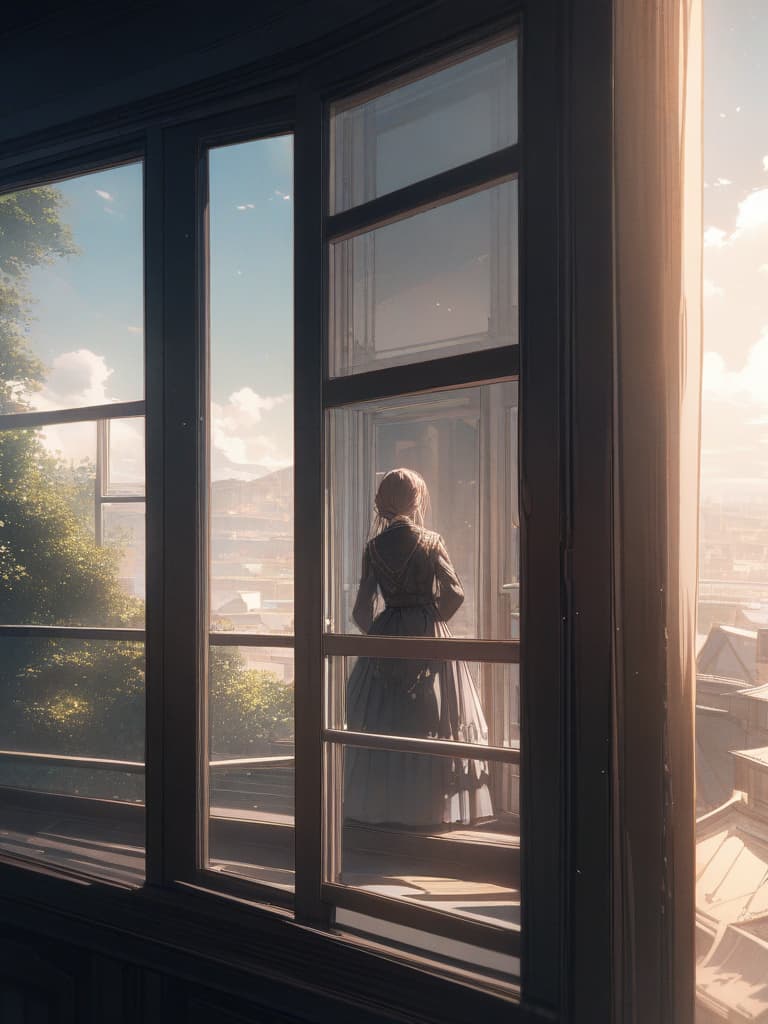  the back of the window is looking out of the window, the sky outside the window is a little cloudy, the man looks far away and looks at someone, masterpiece, best quality,8k,ultra detailed,high resolution,an extremely delicate and beautiful,hyper detail