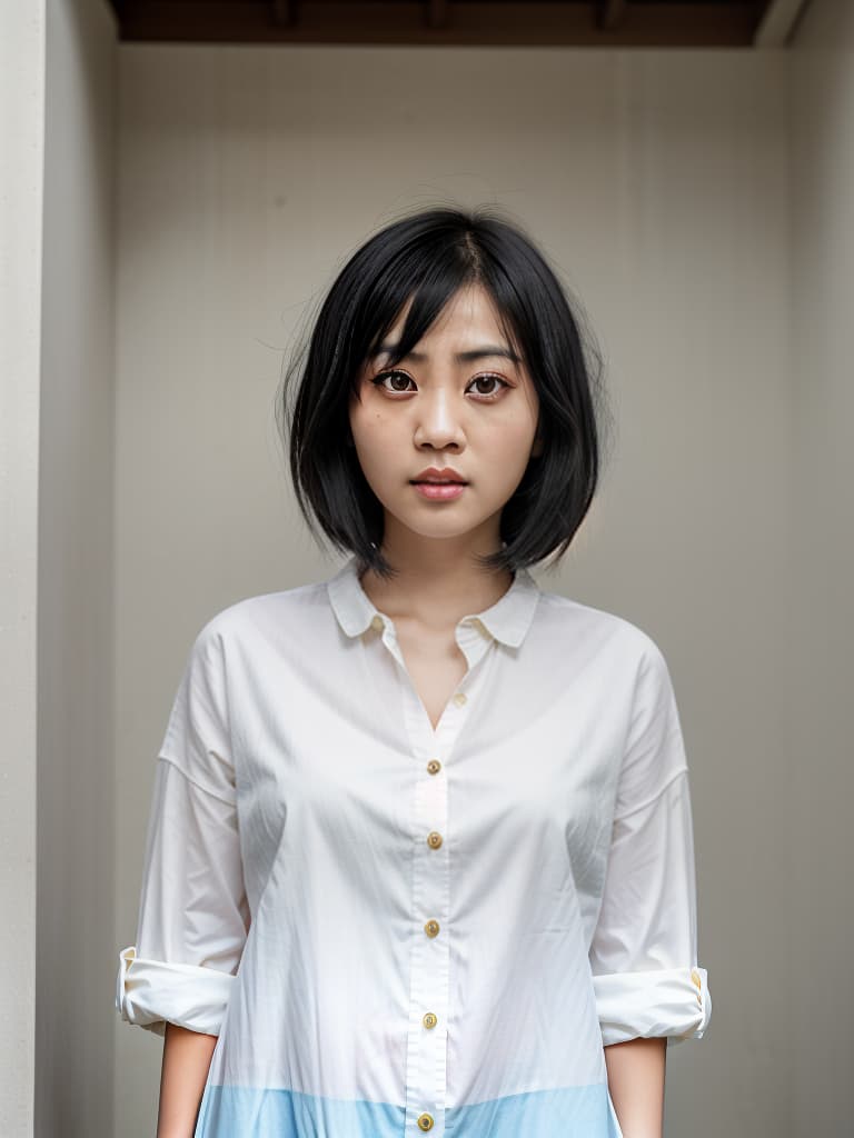  women, 1 person, clothes, black hair, asian face, sauce, big eyes, no bangs, very short hair, cool, masterpiece, best quality,8k,ultra detailed,high resolution,an extremely delicate and beautiful,hyper detail