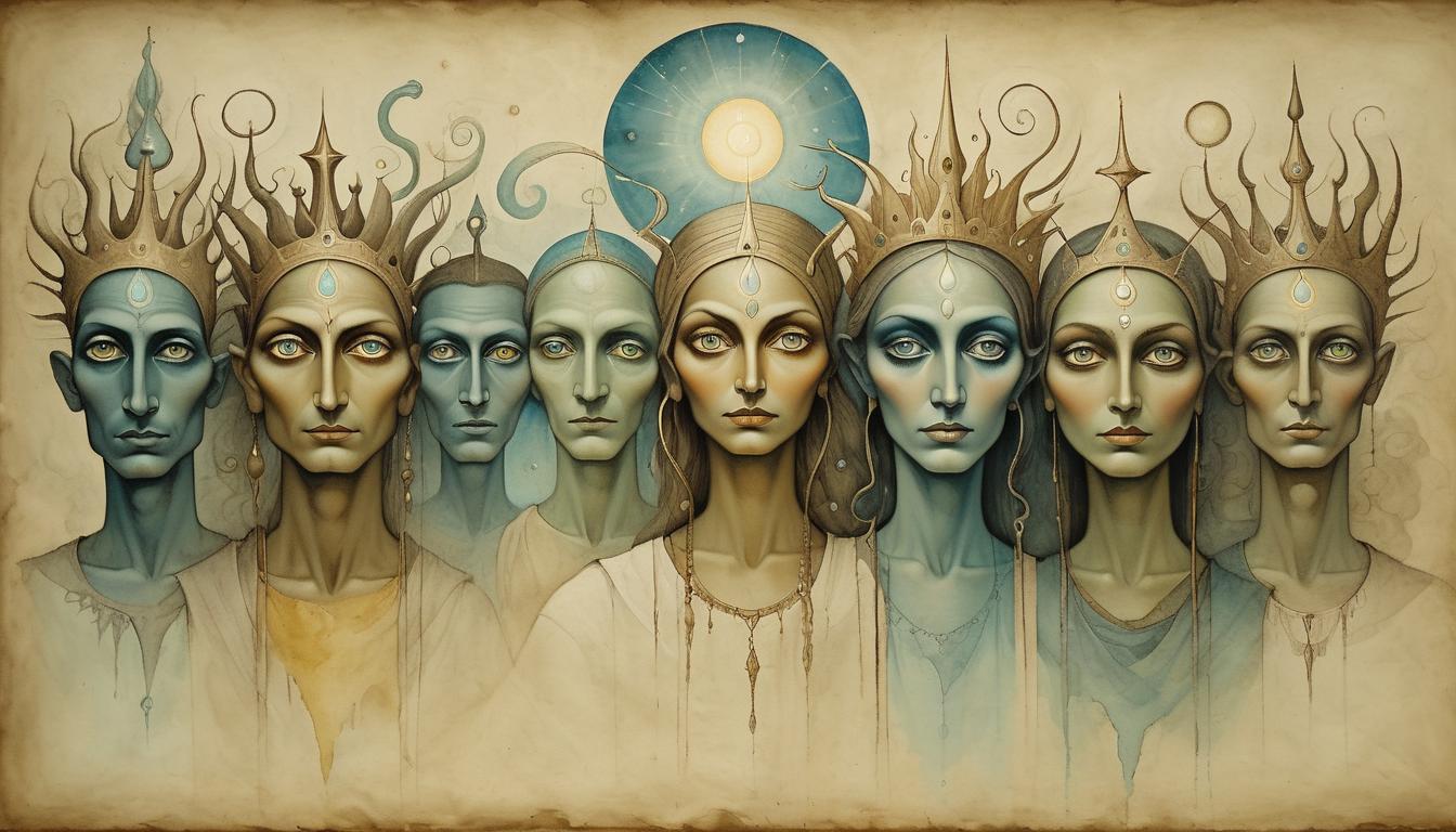  on parchment, surrealism+++, a group of figures with radiant eyes, eyes glowing intensely, setting drenched in otherworldly light, depicting transformation, mystical, divine awakening(mysterious, provocative, symbolic,muted color)+++