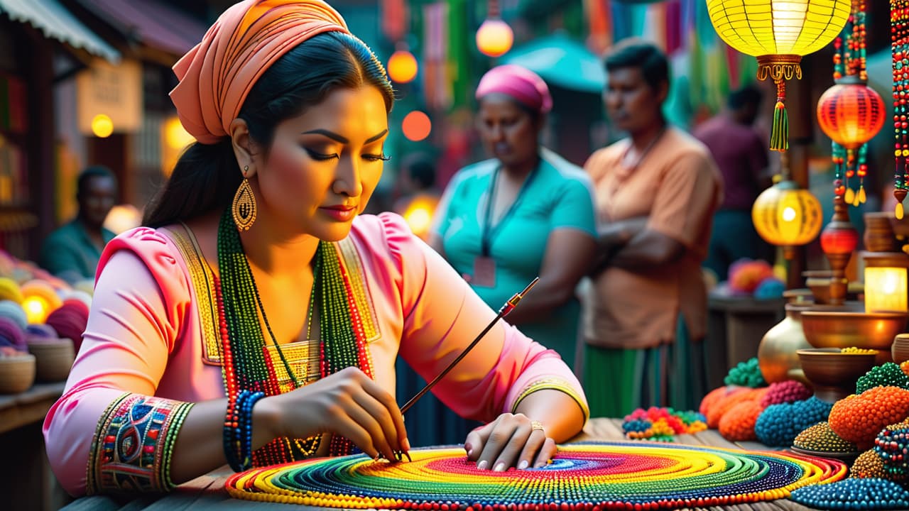  a vibrant scene of a skilled artisan creating intricate beadwork, surrounded by colorful beads, traditional patterns, and cultural motifs, set against a backdrop of a bustling market filled with handmade crafts. hyperrealistic, full body, detailed clothing, highly detailed, cinematic lighting, stunningly beautiful, intricate, sharp focus, f/1. 8, 85mm, (centered image composition), (professionally color graded), ((bright soft diffused light)), volumetric fog, trending on instagram, trending on tumblr, HDR 4K, 8K