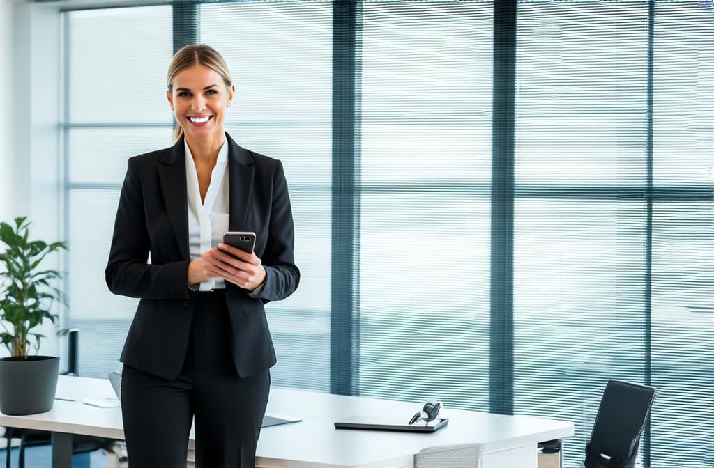  professional detailed photography, portrait of smiling businesswoman standing in open plan office. holding phone. minimalism style. happy female professional executive manager, financial banking or marketing data. ar 3:2, (muted colors, dim colors, soothing tones), (vsco:0.3)